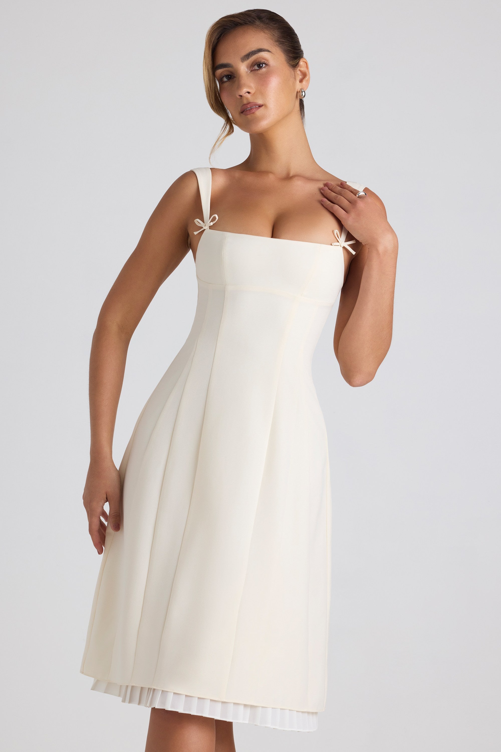 Isadora Bow-Detail Pleated A-Line Midi Dress in Ivory