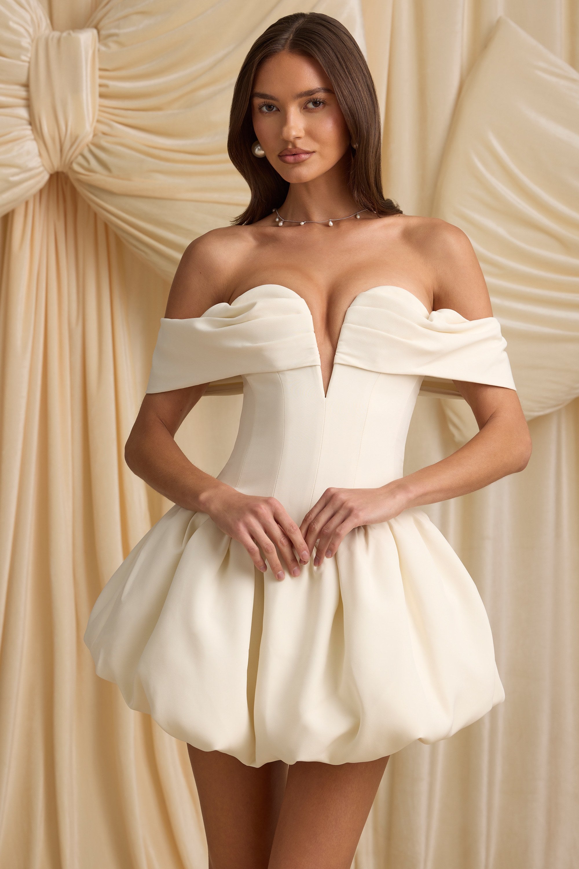Jessamy Off-Shoulder Layered Bubble Hem Corset Mini Dress in Ivory