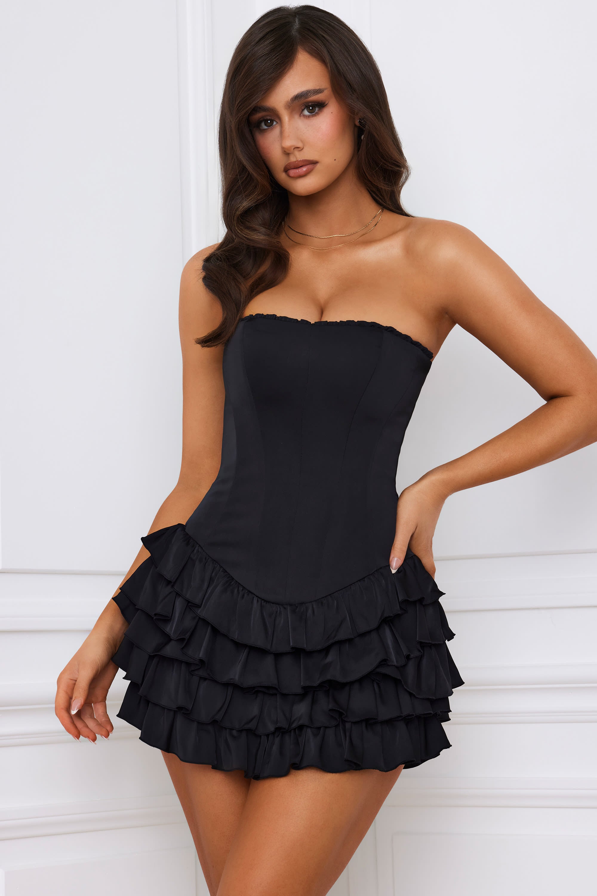 Juliet Bandeau Ruffled Tiered Corset Mini Dress in Black | Oh Polly