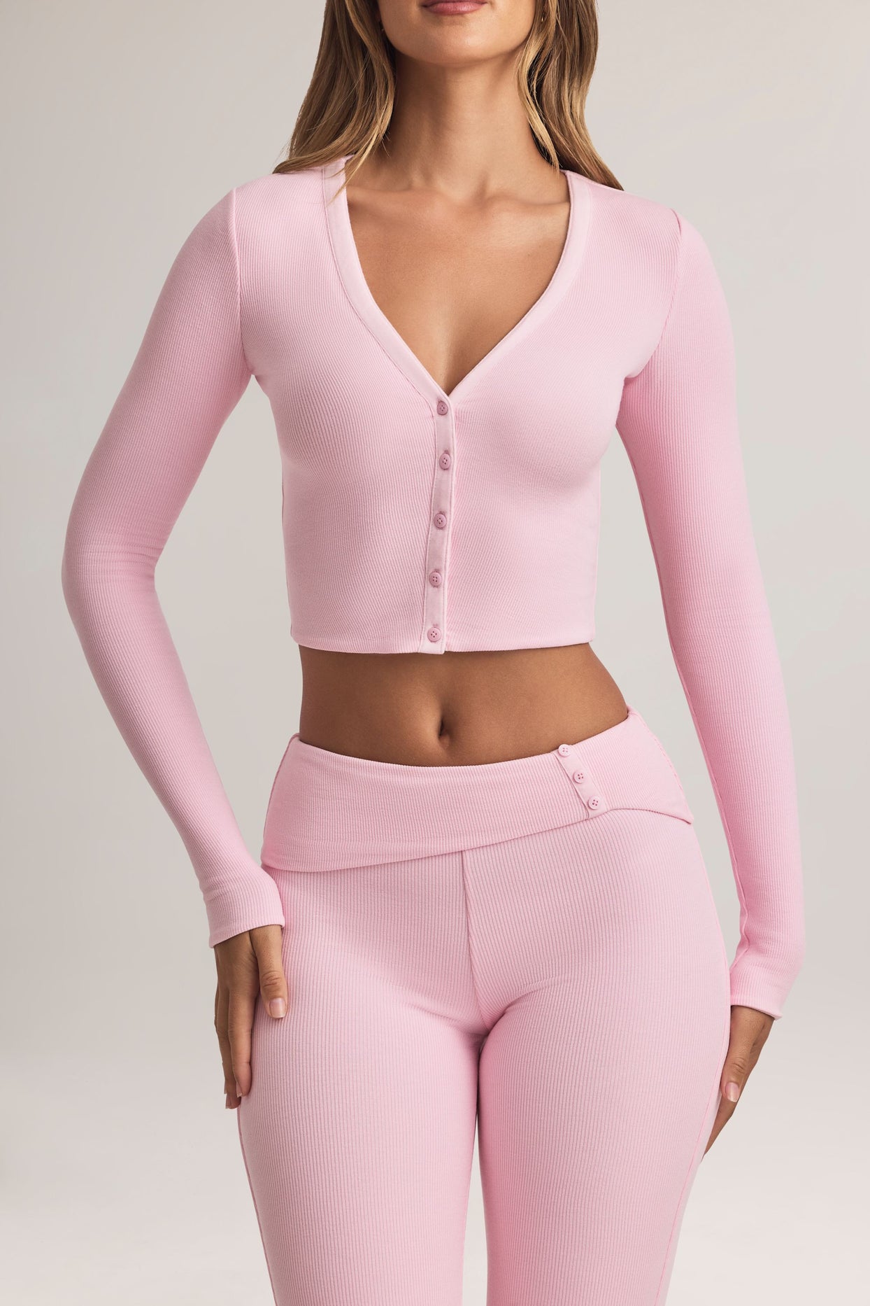 Modal Ribbed Cropped Cardigan in Pastel Pink - 4