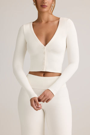 Modal Ribbed Cropped Cardigan in White