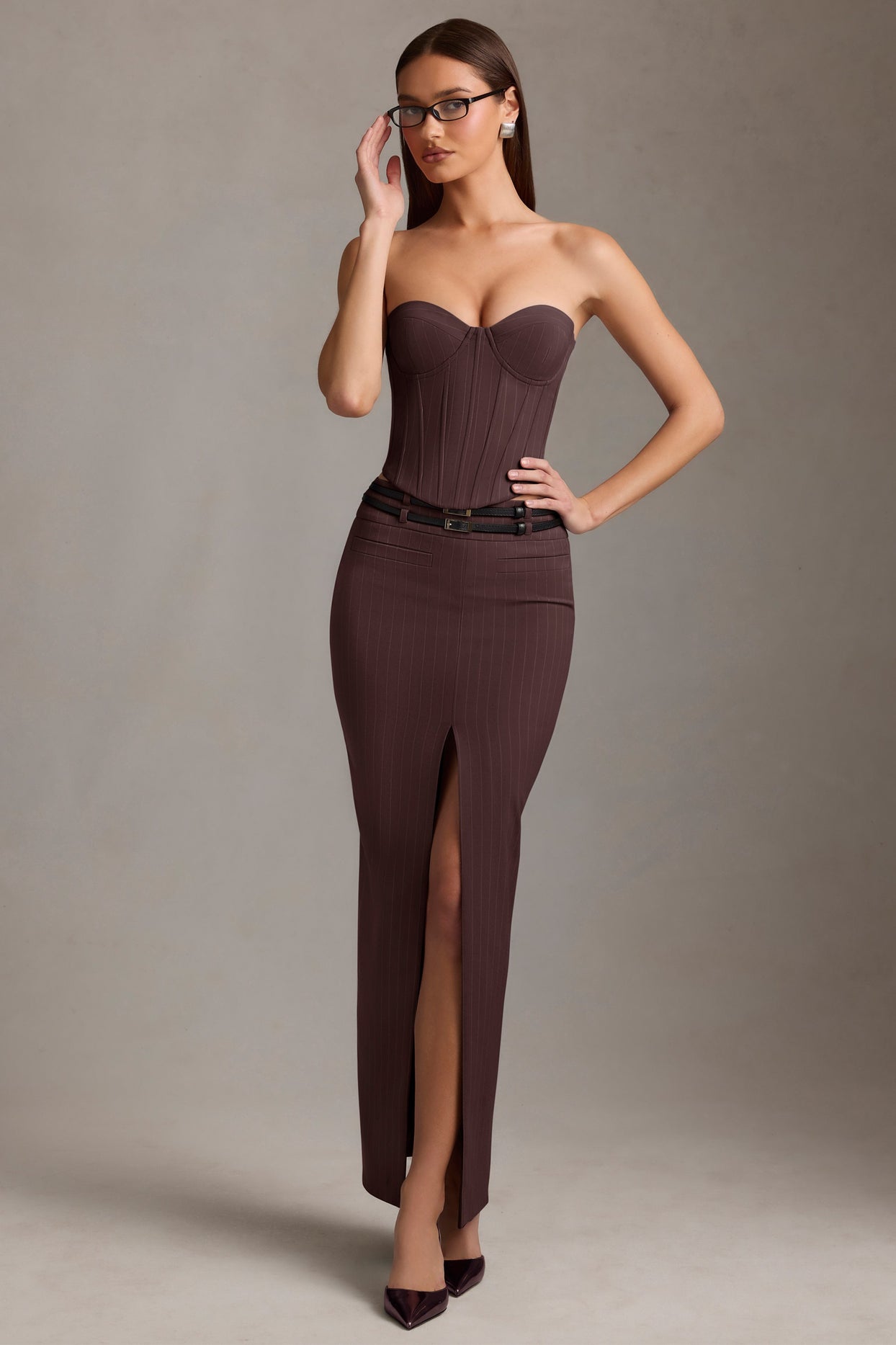 Pinstripe Lace-Up Corset Top in Chocolate Brown - 9