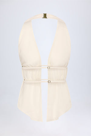 Cut-Out Semi-Sheer Ruched Halterneck Crop Top in Ivory