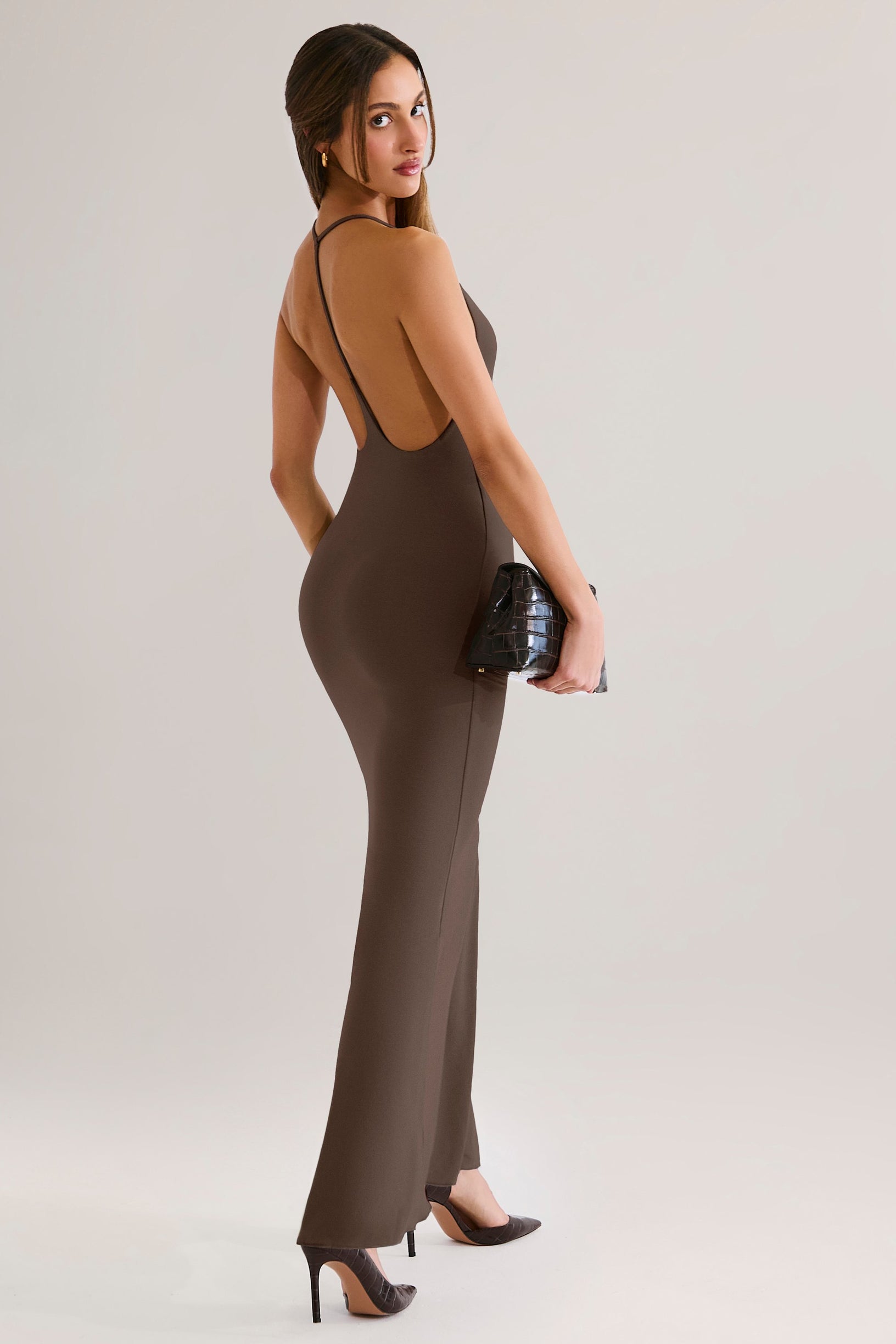Modal Plunge Backless Maxi Dress in Chocolate Brown - 1