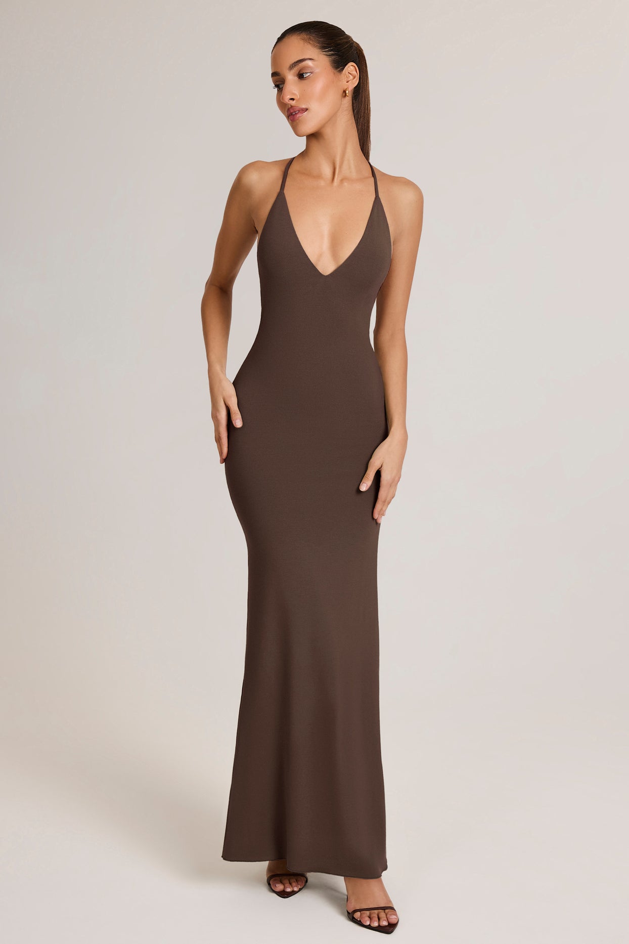Modal Plunge Backless Maxi Dress in Chocolate Brown - 2