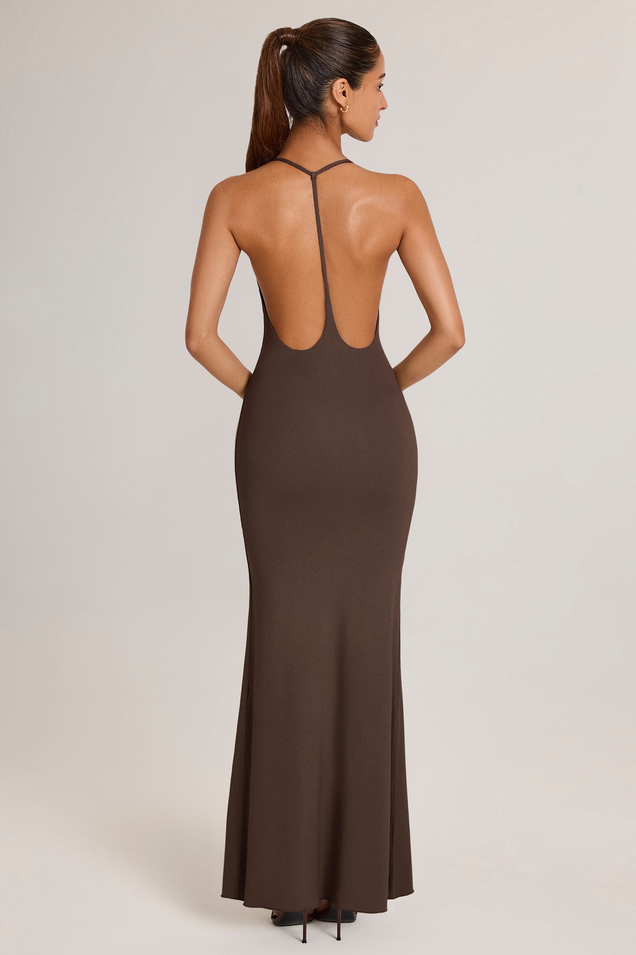 Modal Plunge Backless Maxi Dress in Chocolate Brown - 3