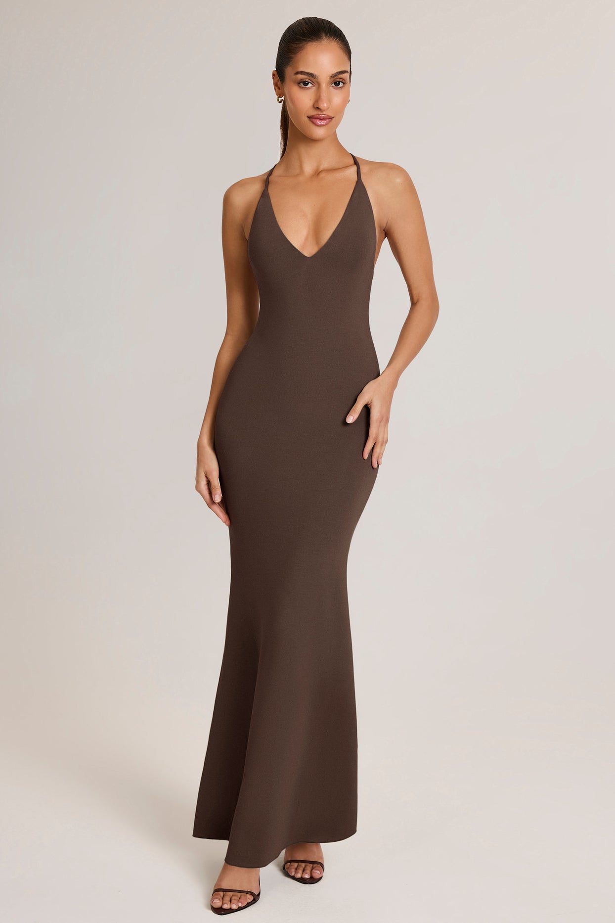 Modal Plunge Backless Maxi Dress in Chocolate Brown - 7
