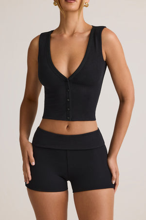 Modal Ribbed Button-Up Vest Top in Black