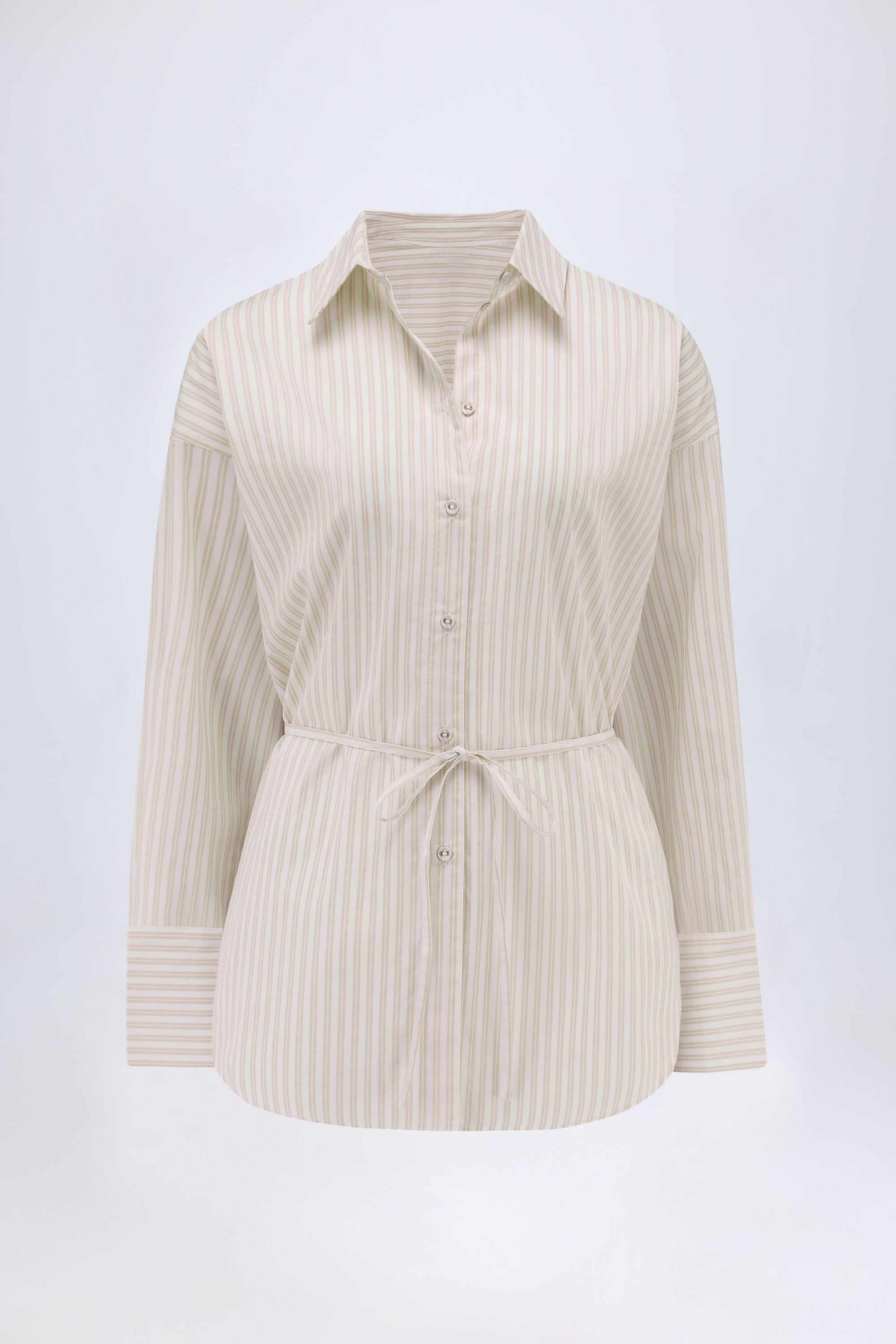 Oversized Cotton-Poplin Shirt in Taupe Stripe - 2