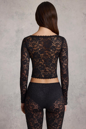 Plunge-Neck Long-Sleeve Lace Top in Black