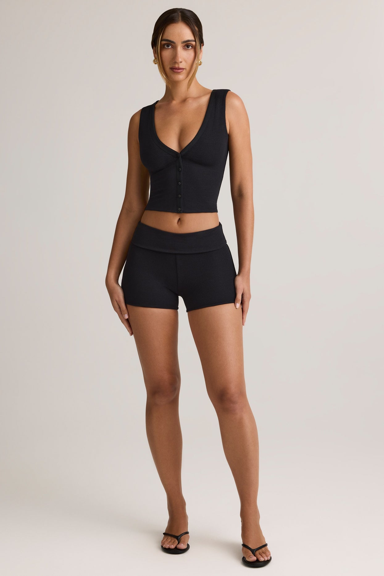 Modal Ribbed Mid-Rise Foldover Shorts in Black - 1