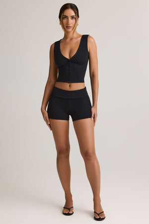 Modal Ribbed Mid-Rise Foldover Shorts in Black