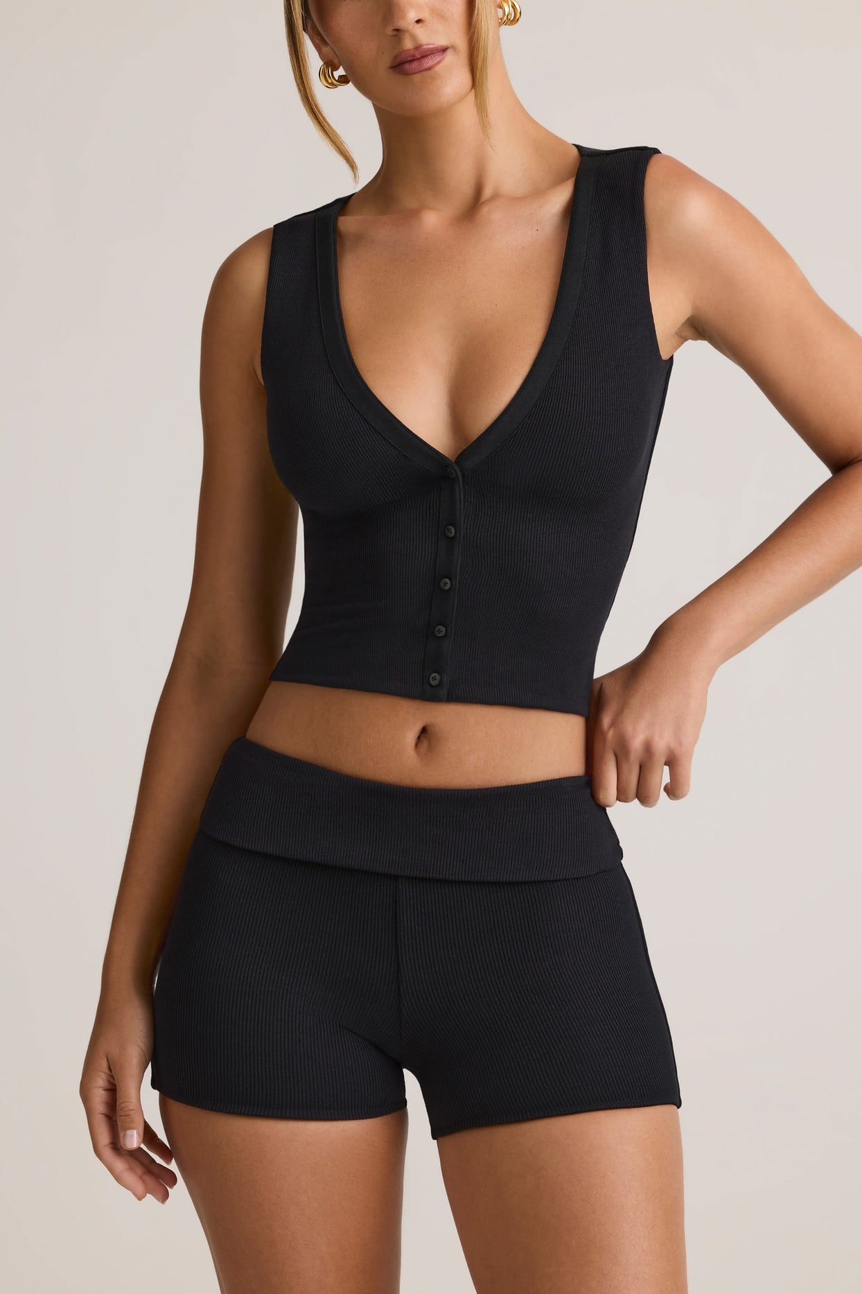 Modal Ribbed Mid-Rise Foldover Shorts in Black - 2