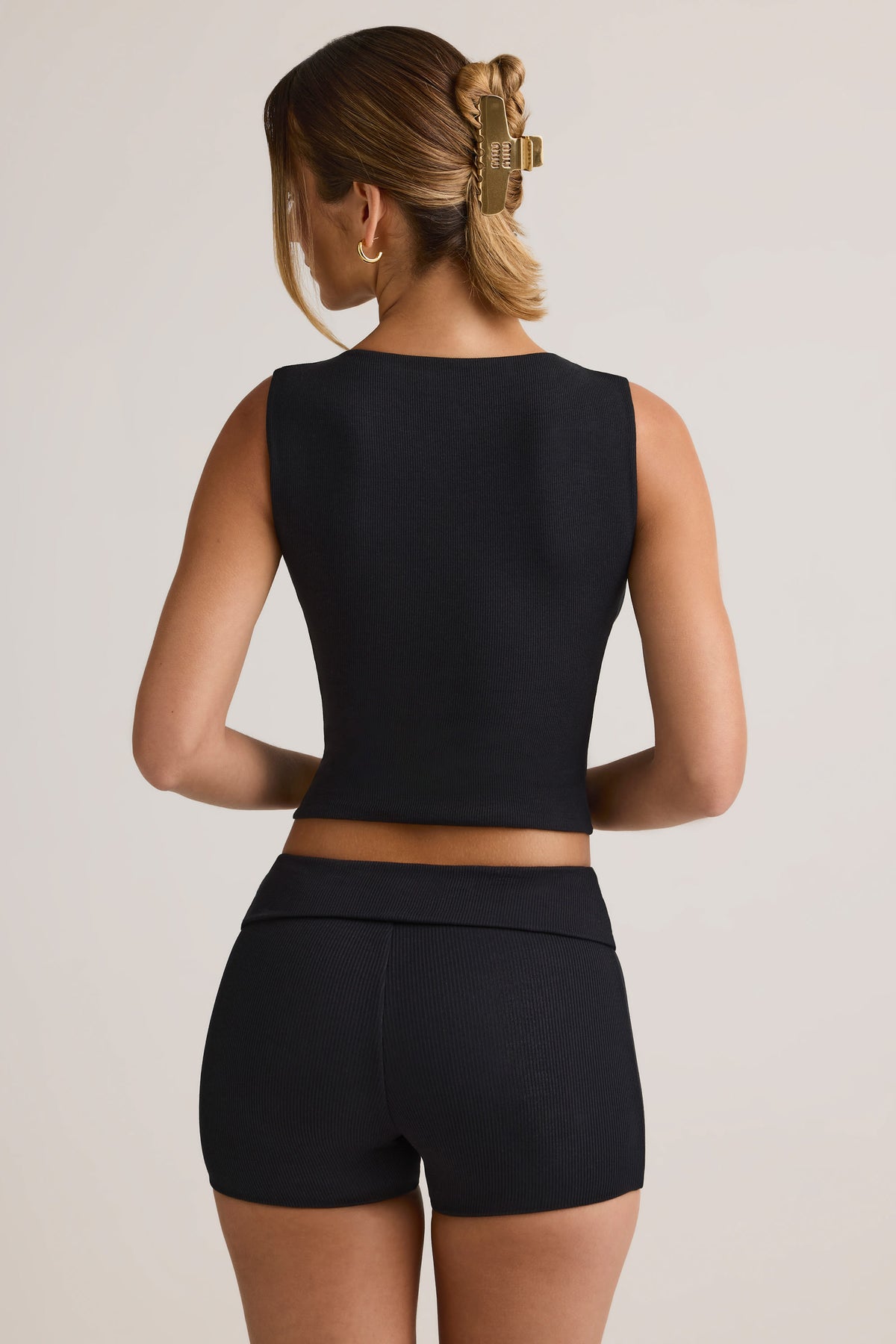 Modal Ribbed Mid-Rise Foldover Shorts in Black