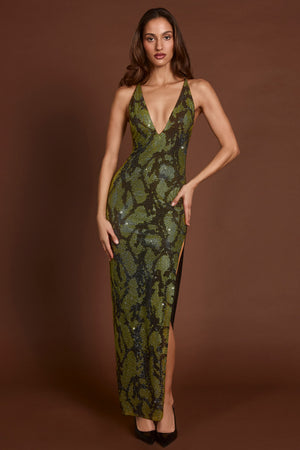 Embellished Halterneck Maxi Dress in Green Snake Embellished Halterneck Maxi Dress in Green Snake
