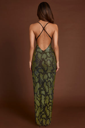 snake print dress green Luserna Embellished Halterneck Maxi Dress in Green Snake