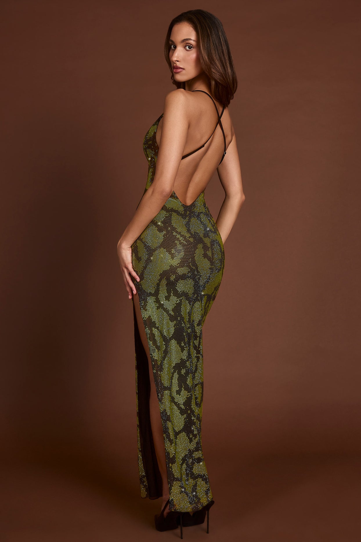 Embellished Halterneck Maxi Dress in Green Snake - 9