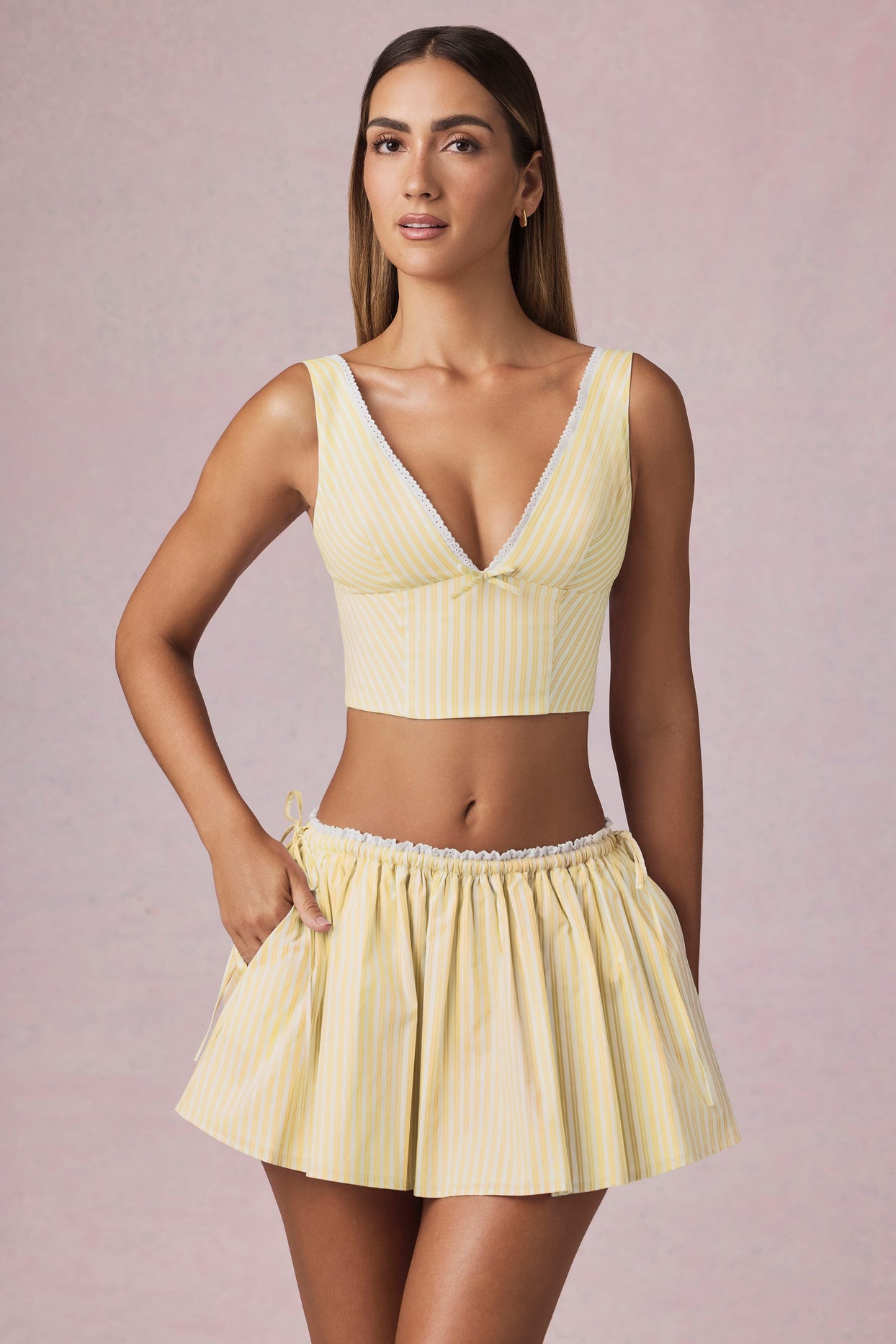 Ruched Drawstring Mini Skirt in Lemon Yellow Stripe - 5