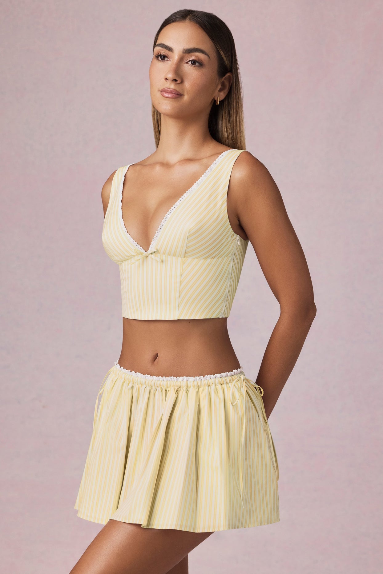 Ruched Drawstring Mini Skirt in Lemon Yellow Stripe - 7