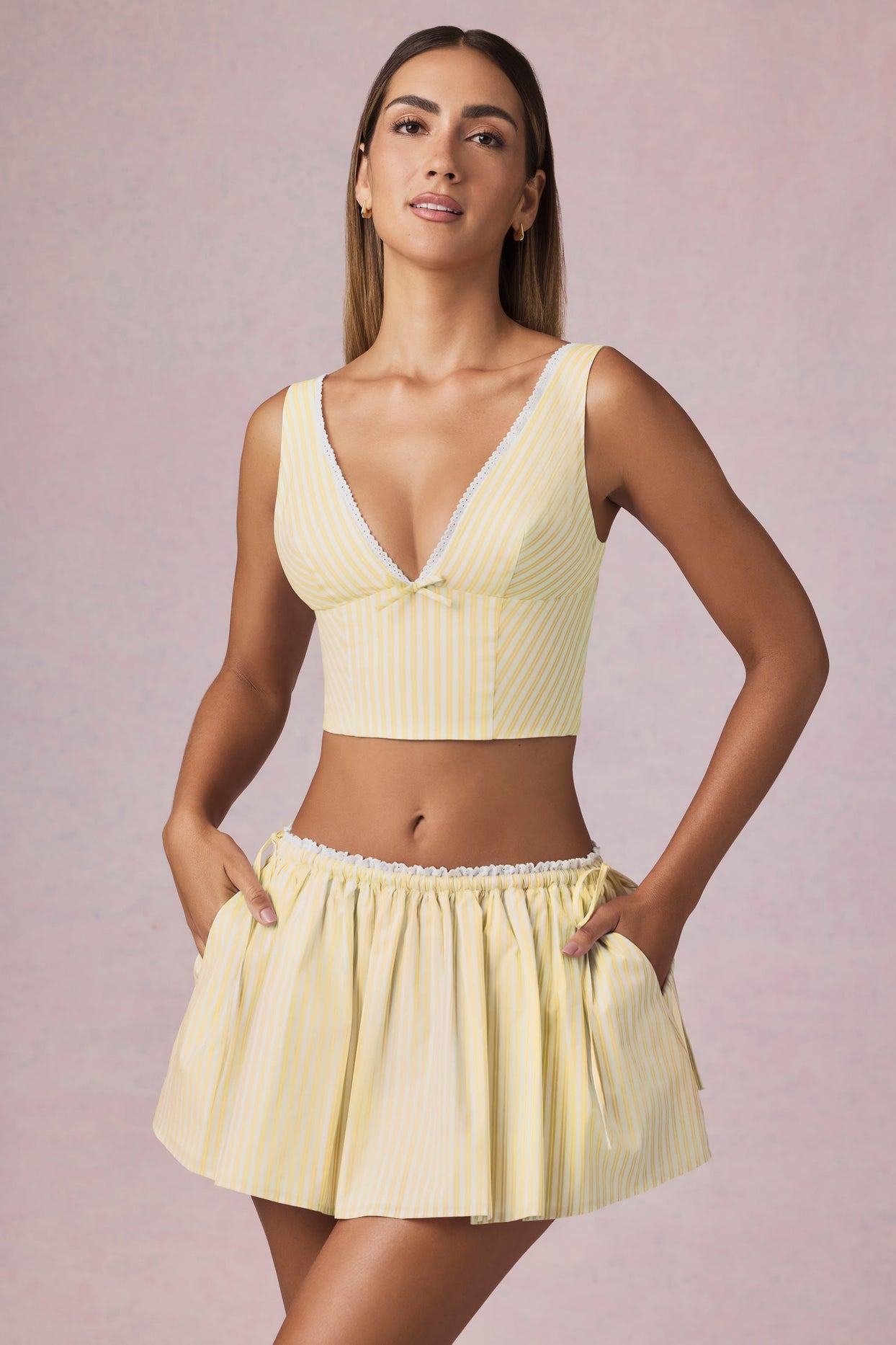 Ruched Drawstring Mini Skirt in Lemon Yellow Stripe - 8
