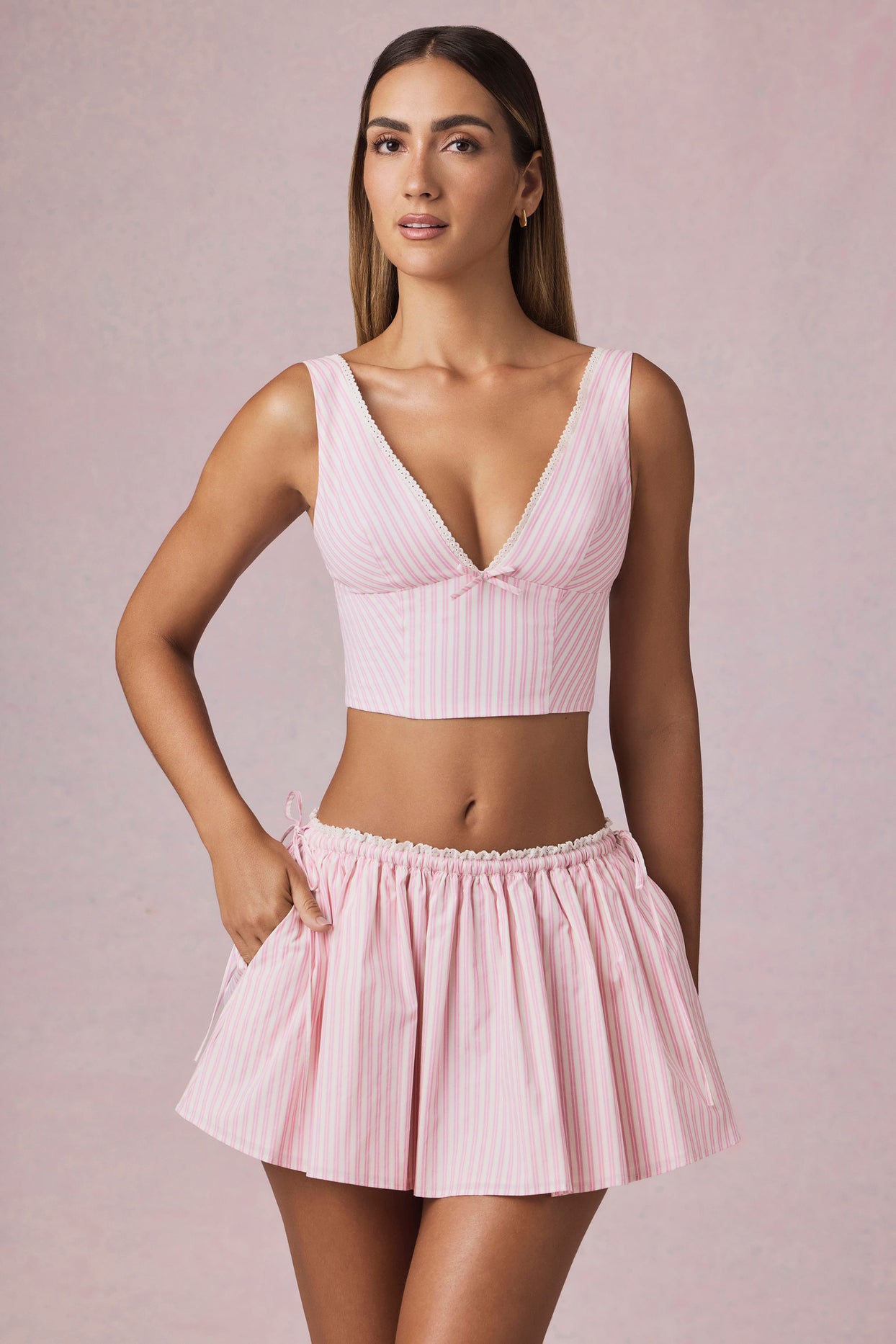 Ruched Drawstring Mini Skirt in Soft Mauve Stripe - 7
