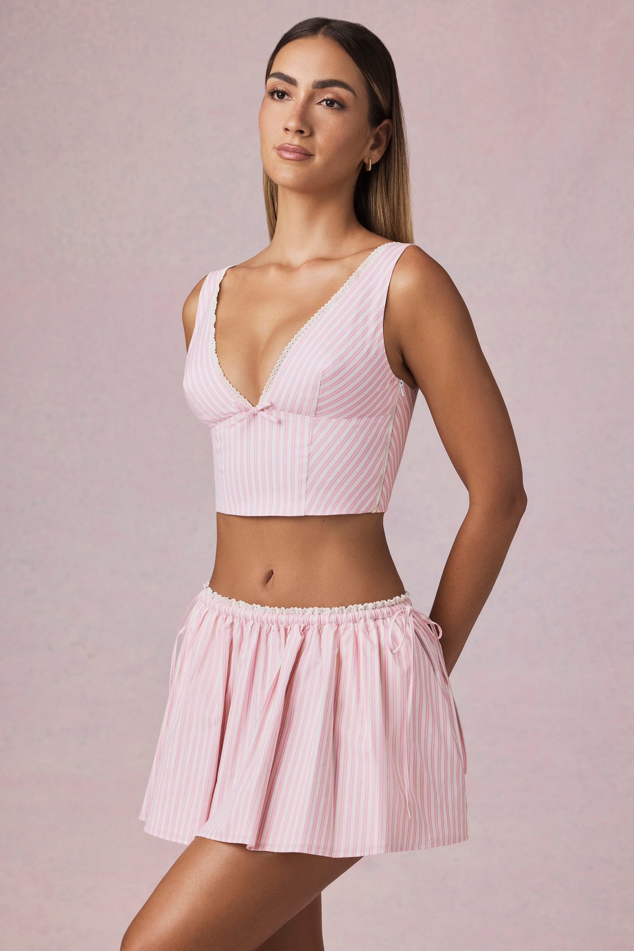 Ruched Drawstring Mini Skirt in Soft Mauve Stripe - 8