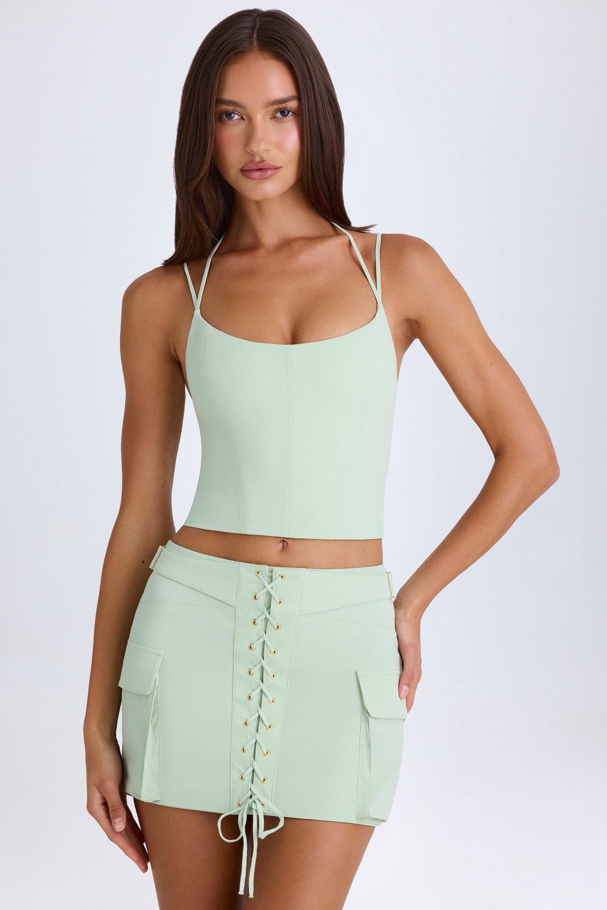 Lace-Up Cargo Micro Mini Skirt in Green - 7
