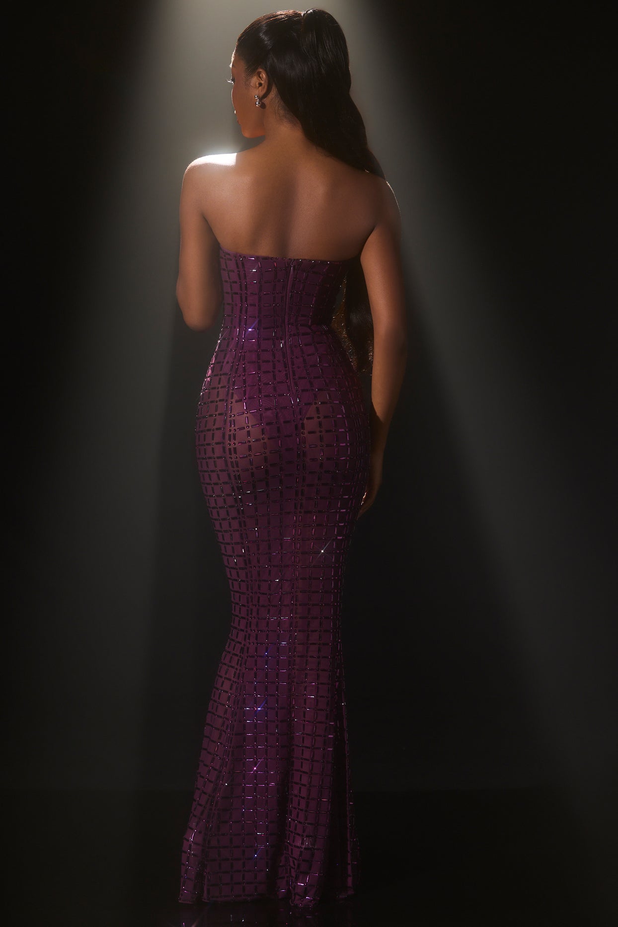 Embellished Semi-Sheer Strapless Gown in Deep Purple - 2