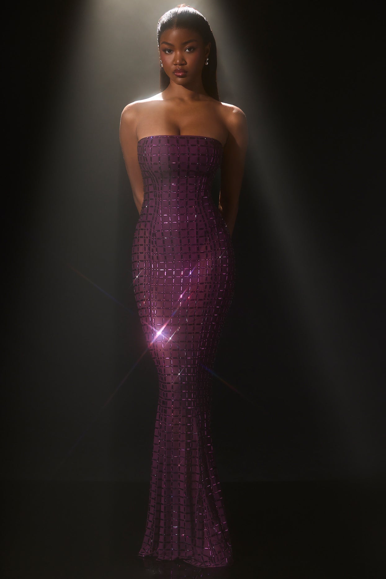Embellished Semi-Sheer Strapless Gown in Deep Purple - 6