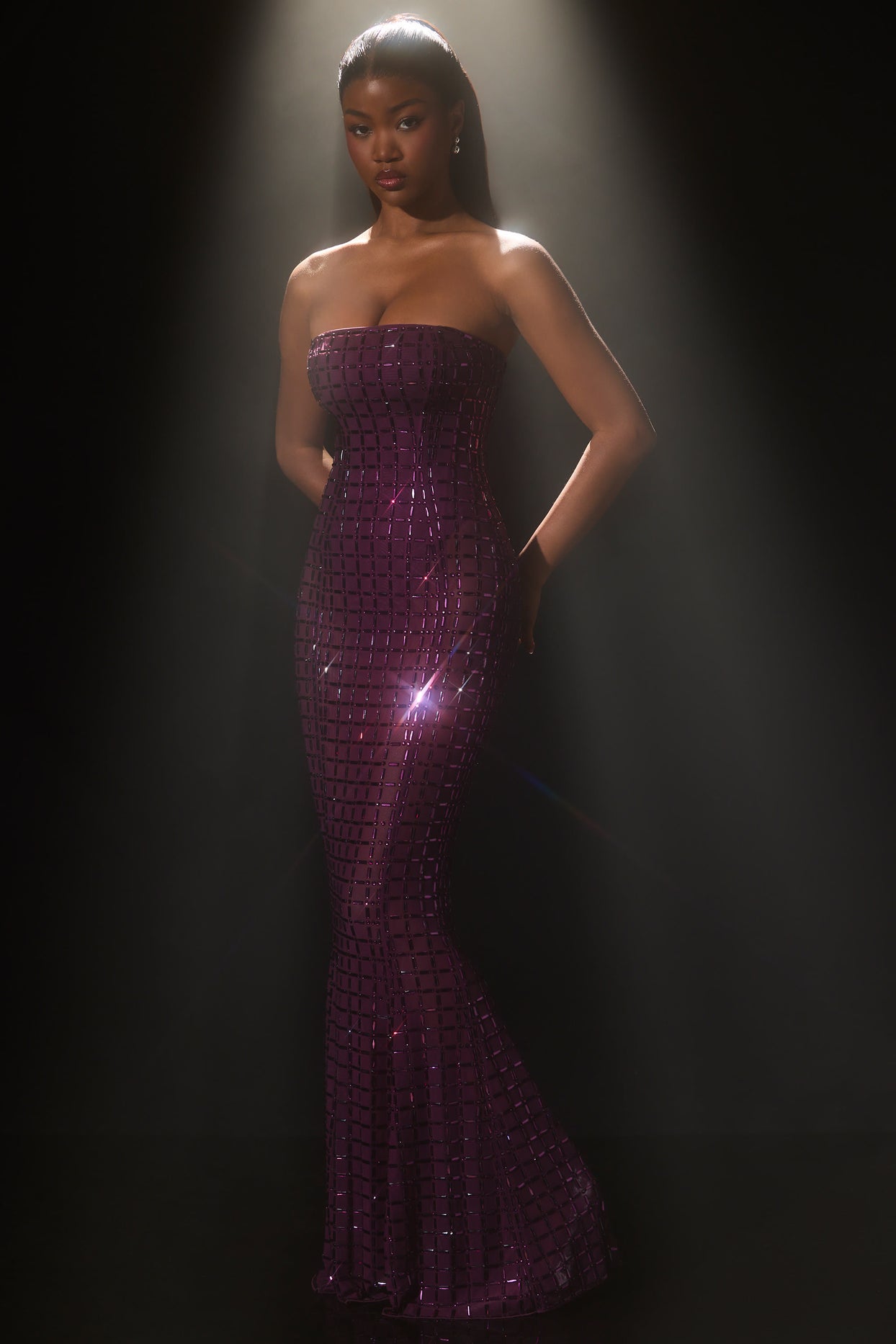 Embellished Semi-Sheer Strapless Gown in Deep Purple - 7