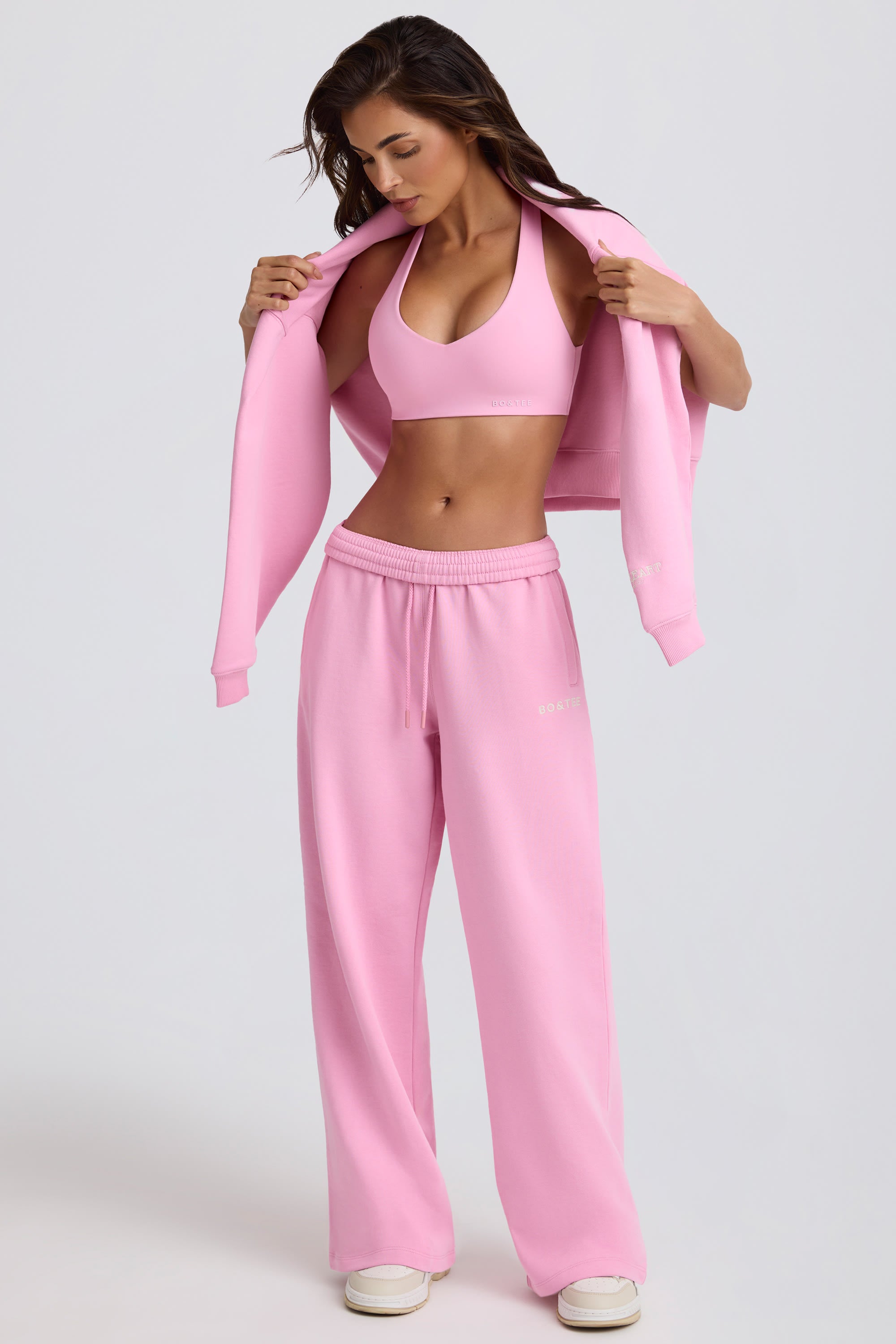 Soft Cotton Jersey Mid-Rise Wide-Leg Joggers in Baby Pink