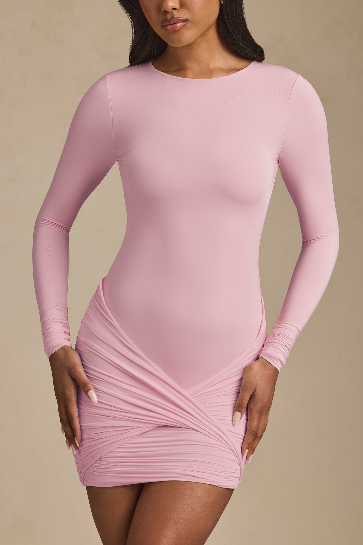 Modal Twist-Front Ruched Backless Mini Dress in Soft Pink - 2