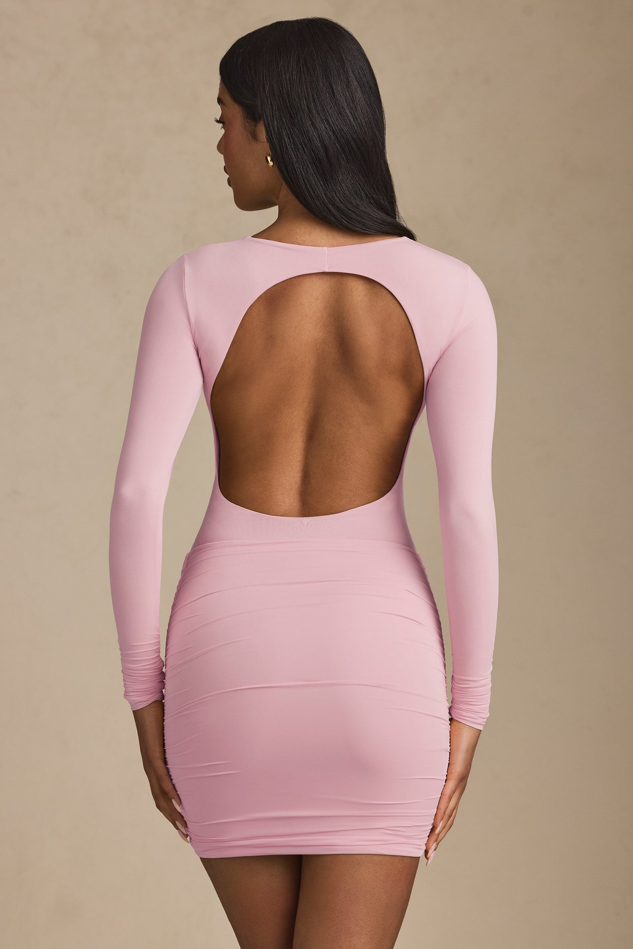 Modal Twist-Front Ruched Backless Mini Dress in Soft Pink - 3