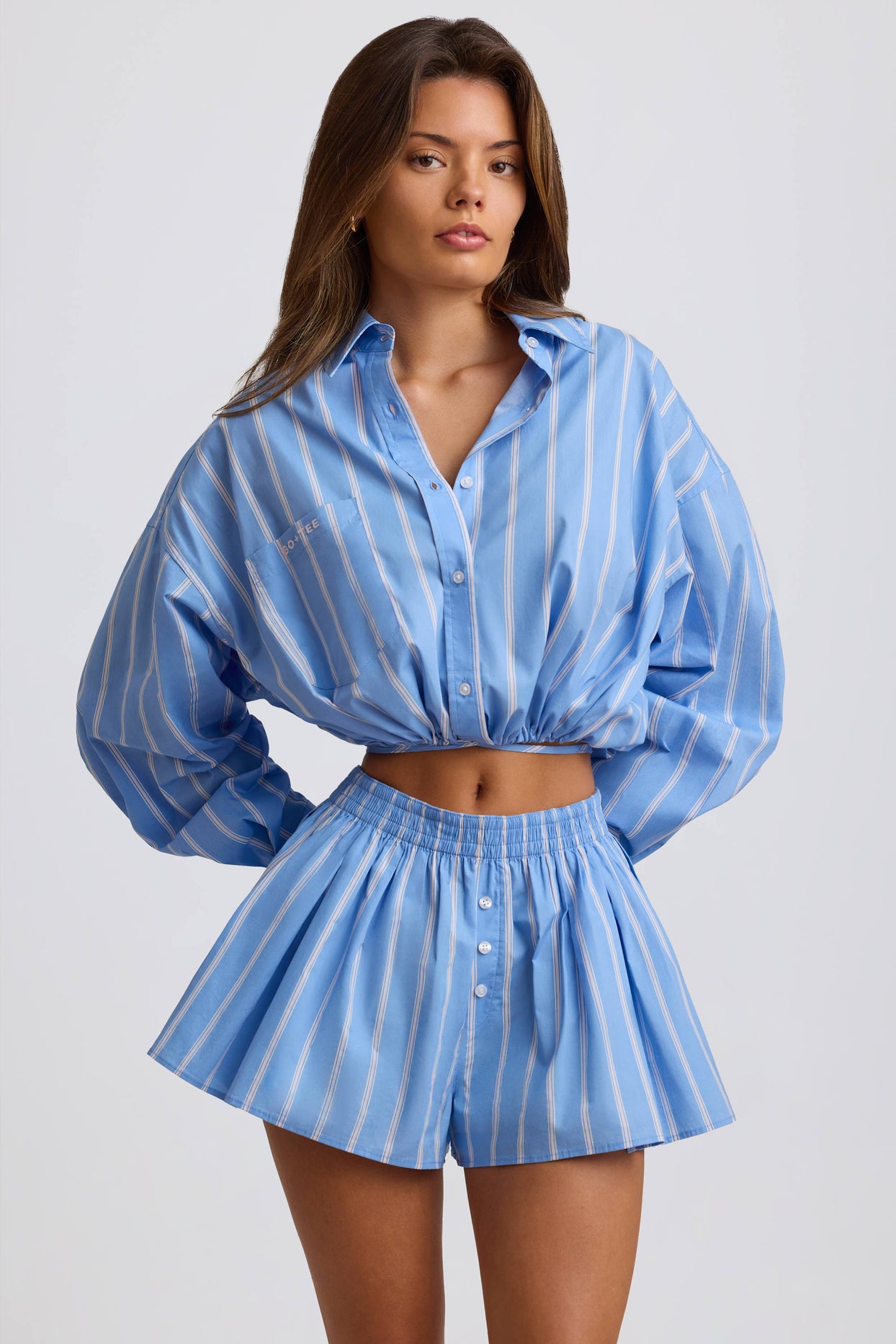 Cotton Poplin Stripe Multiway Cropped Shirt in Blue Stripe - 5