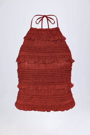 Ruffled High-Neck Backless Top in Burnt Red