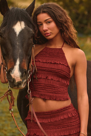 Ruffled High-Neck Backless Top in Burnt Red