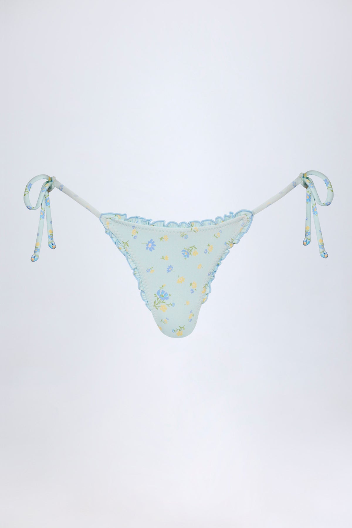 Side-Tie Thong Bikini Bottoms in Blue Floral