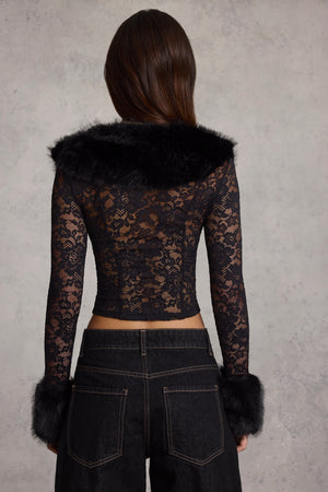 Faux Fur-Trim Lace Cardigan in Black
