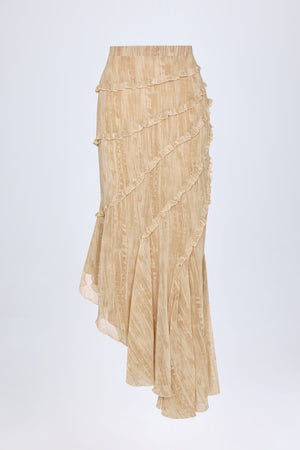 Novina Ruffled Asymmetric Mid-Rise Maxi Skirt in Tan Print Oh Polly