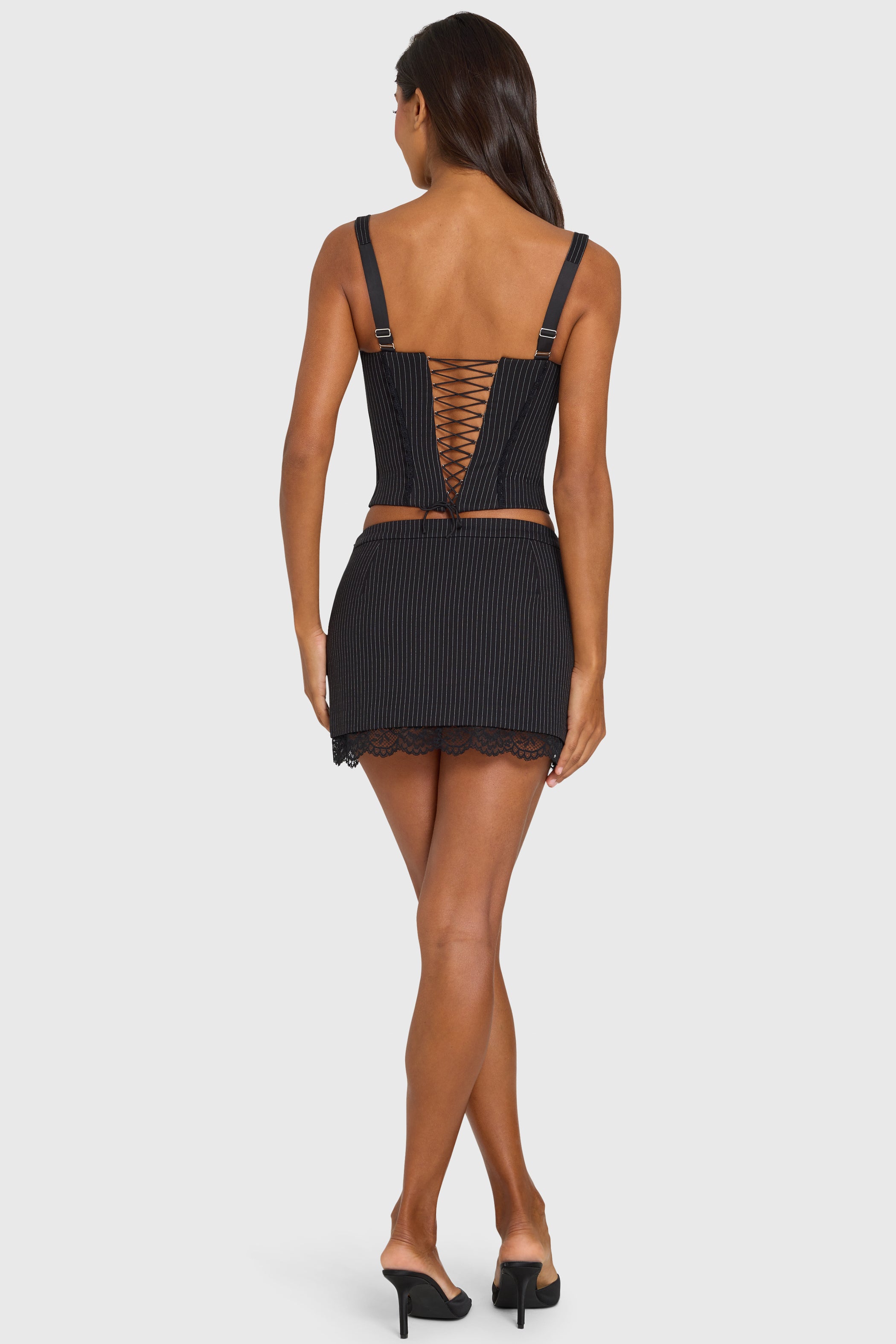 Pinstripe Ponte Lace-Trim Mini Skirt in Black Pinstripe
