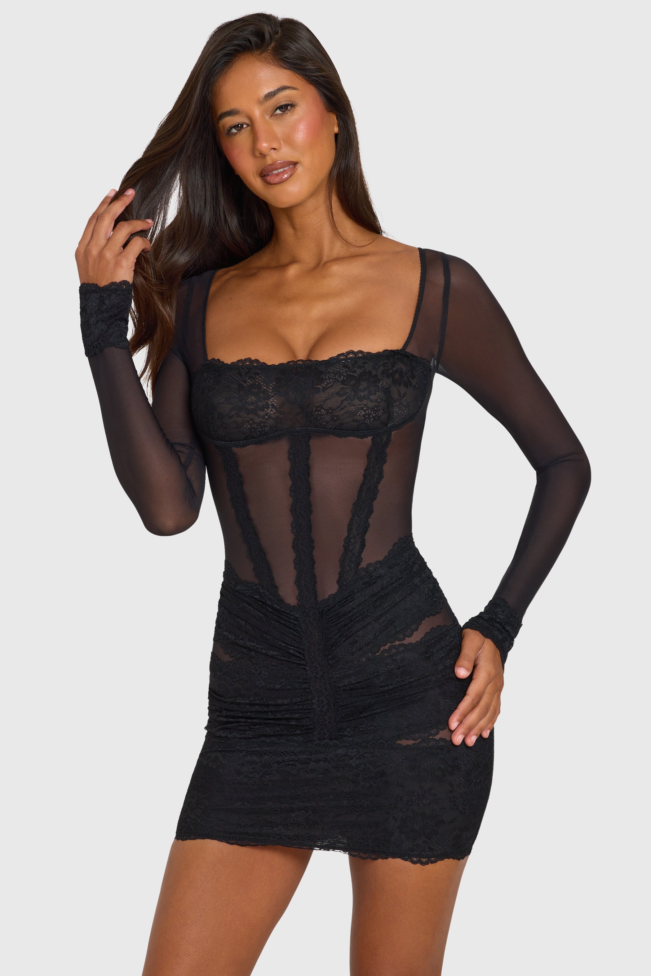 Placed Lace-Trim Long-Sleeve Mini Dress in Black
