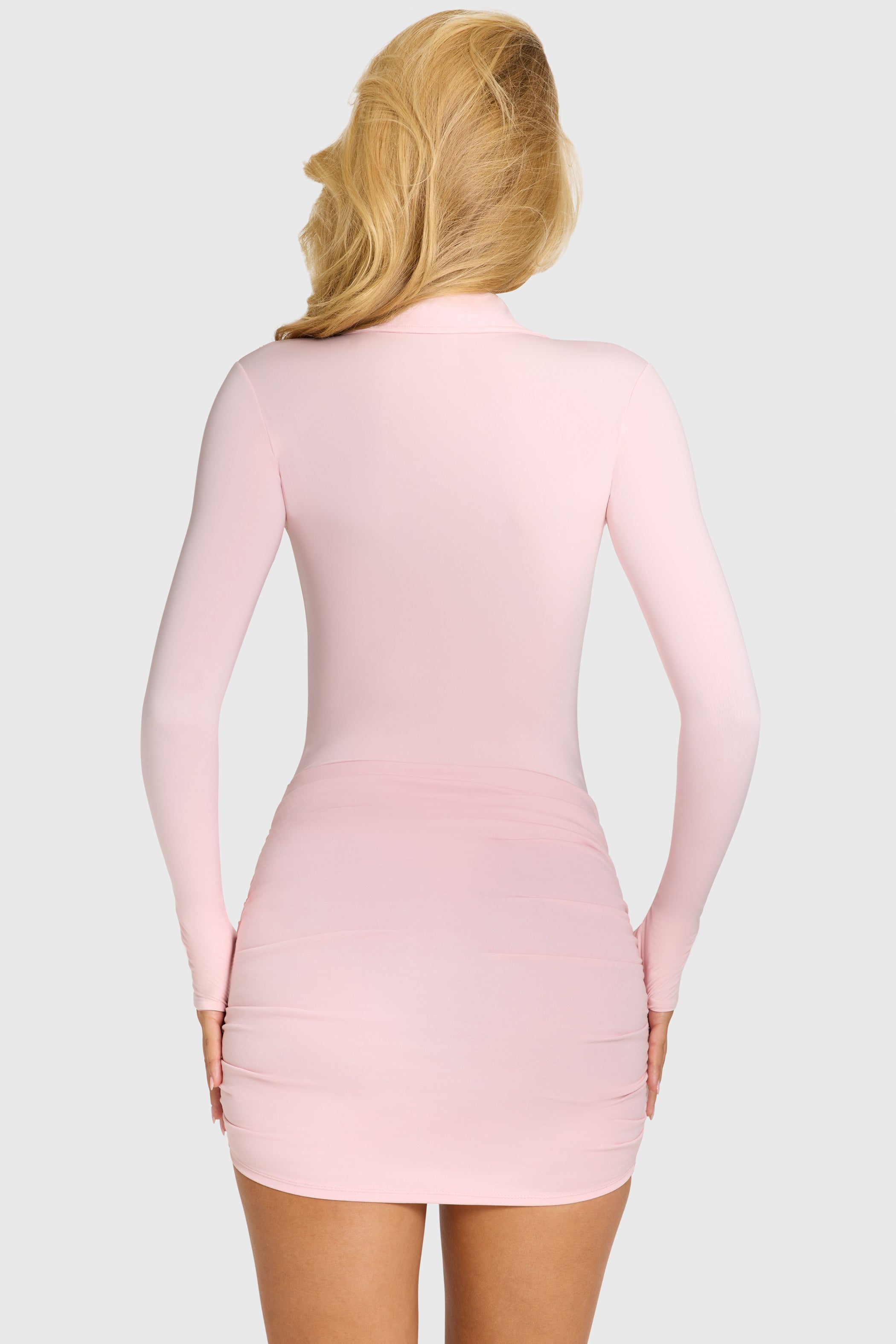 Button Front Long-Sleeve Mini Dress in Baby Pink