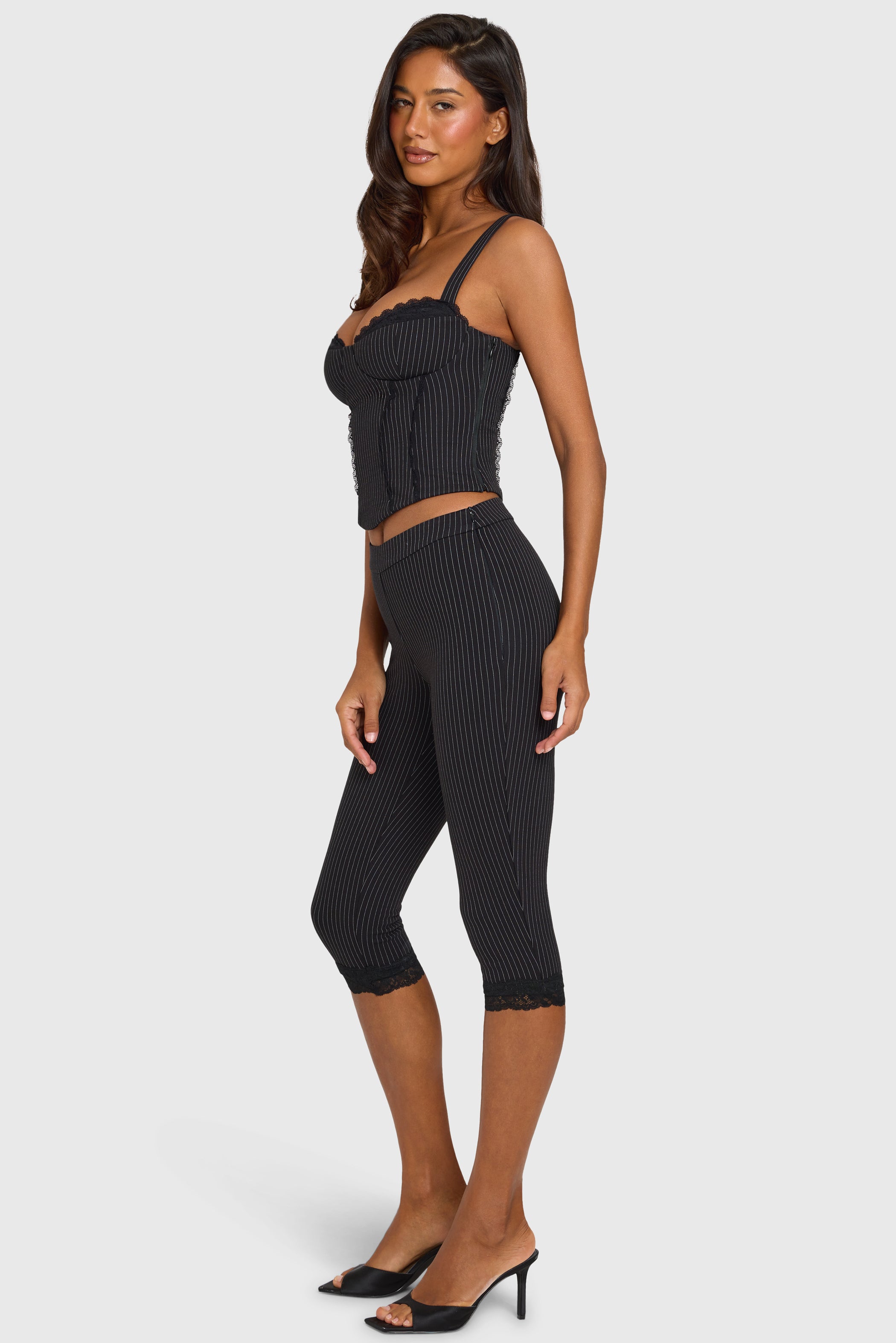 Pinstripe Ponte Capri Leggings in Black Pinstripe