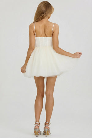 embellished long sleeve tulle skirt mini dress in ivory NWT Oh Polly Calliope Embellished Long Sleeve Tulle Skirt Ivory Mini Dress 2 & 4