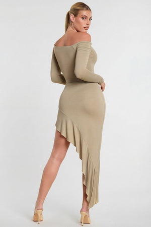 Oh Polly's Kiele wearing the Roxana Maxi Dress in Taupe Modal fabric perfect for rooftop brunches