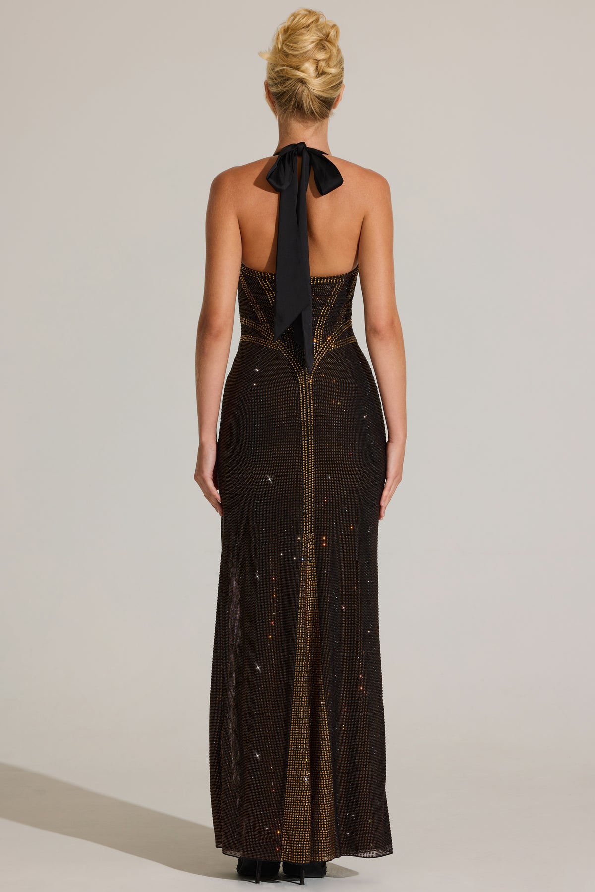 Embellished Halterneck Maxi Dress in Bronze