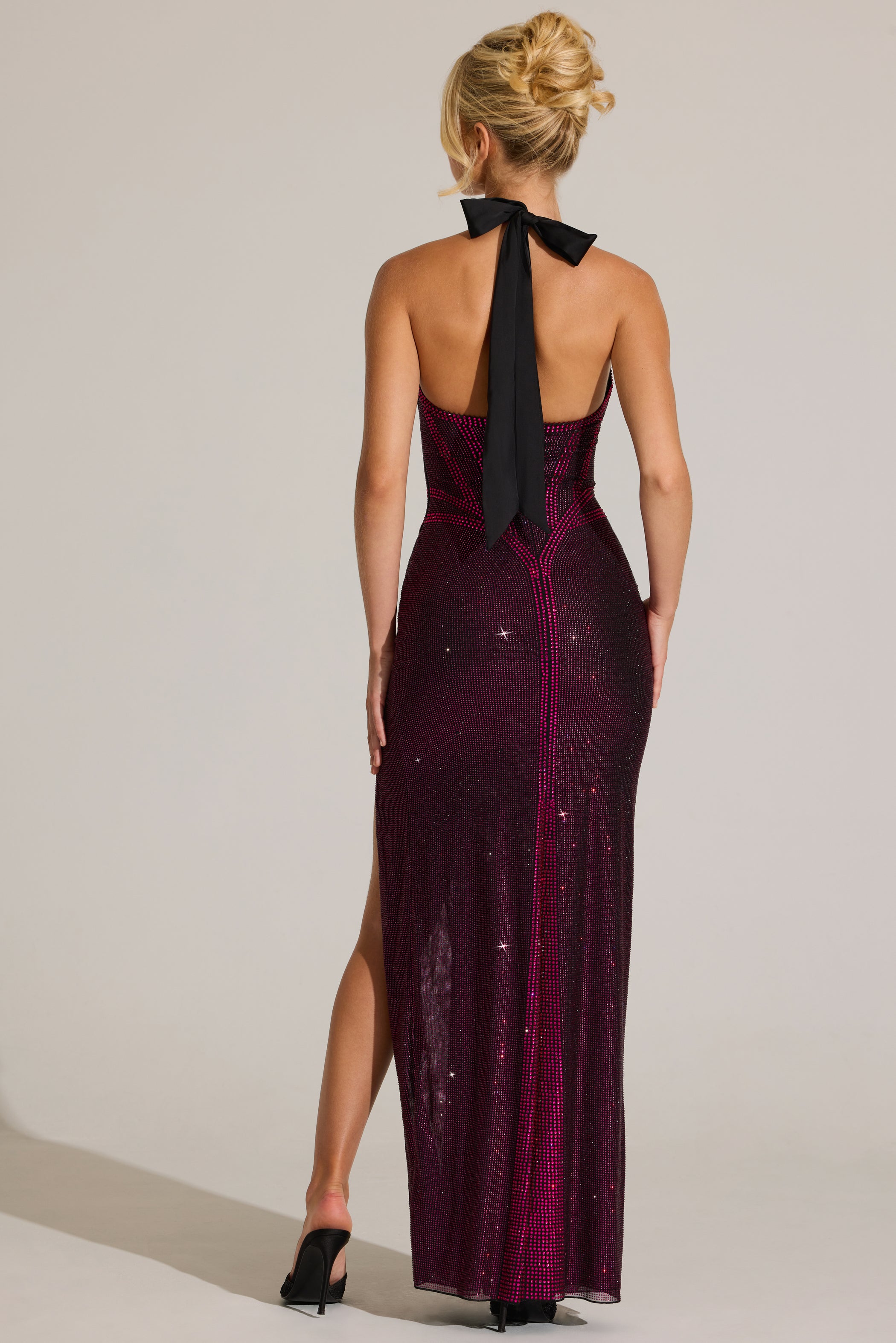 Embellished Halterneck Maxi Dress in Fuchsia Pink