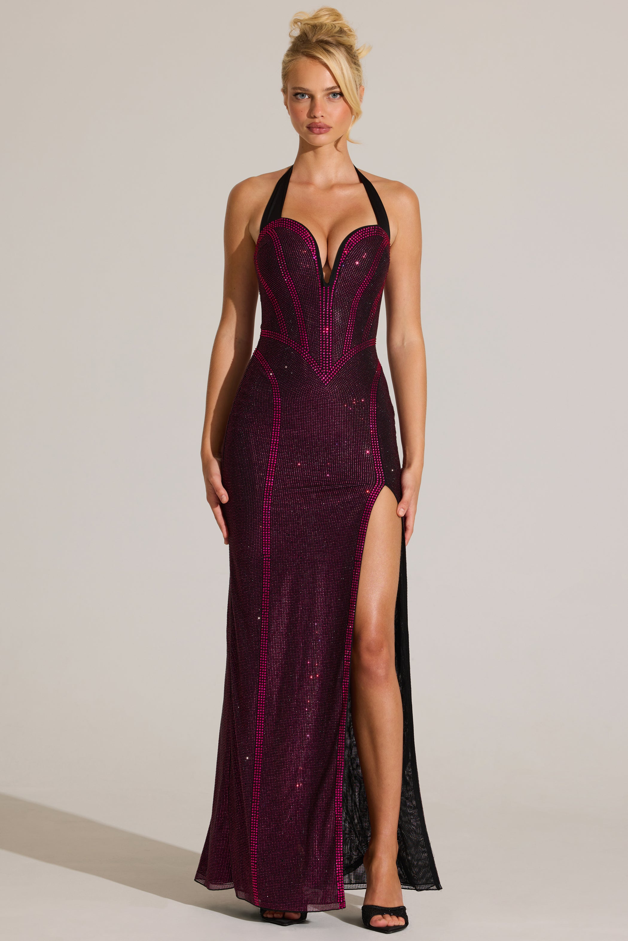Embellished Halterneck Maxi Dress in Fuchsia Pink