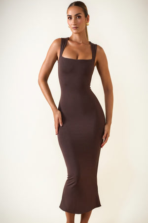 midi dress coklat mahogany Ainslee Modal Square-Neck Midi Dress in Chocolate Brown