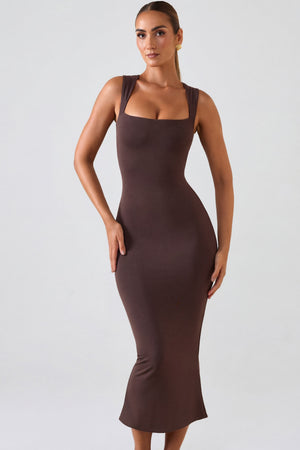Ainslee Modal Square-Neck Midi Dress in Chocolate Brown | Oh Polly Ainslee Modal Square-Neck Midi Dress in Chocolate Brown | Oh Polly